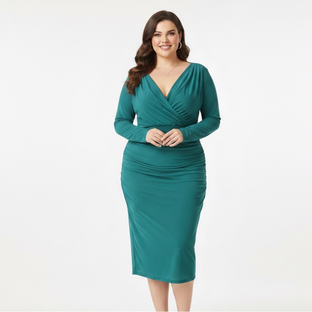 Rebel Wilson X Angels Teal Long Sleeve Plus Size V-Neck Dress